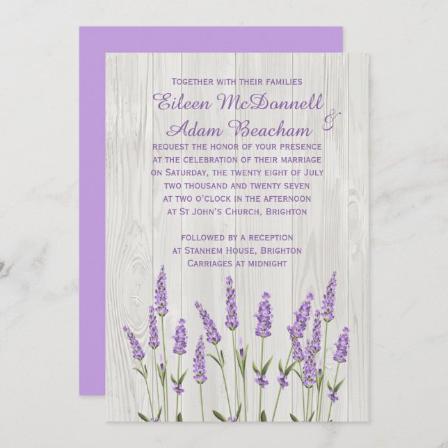 Invitation Fleurs de lavande violette sur Mariage de bois (Devant / Derrière)