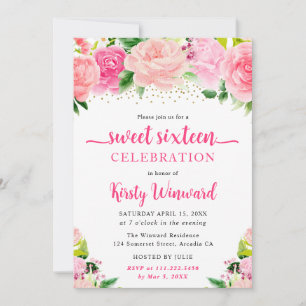 Invitation Fleurs de l'été rose Boho aquarelle Sweet Sixteen