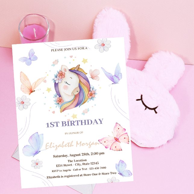 Invitation Fleurs de licorne papillon points d'anniversaire (Créateur téléchargé)