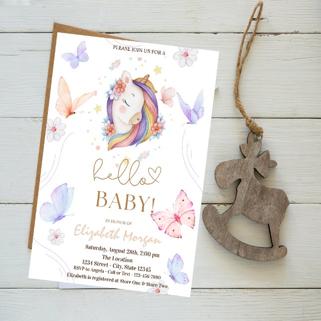 Invitation Fleurs de Licorne Papillons à Points Baby Shower (Créateur téléchargé)