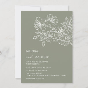 Invitation Fleurs de ligne blanche Mariage casual vert sauge