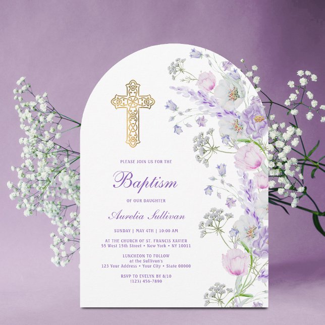 Invitation Fleurs de lilas à l'aquarelle Arche Baptême (Créateur téléchargé)