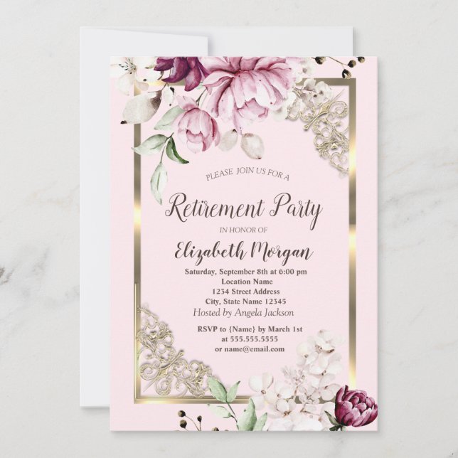 Invitation Fleurs de Lilas Chic Cadre Doré Retraite (Devant)