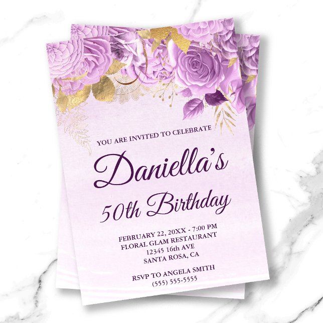 Invitation Fleurs de lilas feuille d'or aquarelle 50e anniver (Lilac Flowers Gold Foil Watercolor 50th Birthday Invitation)