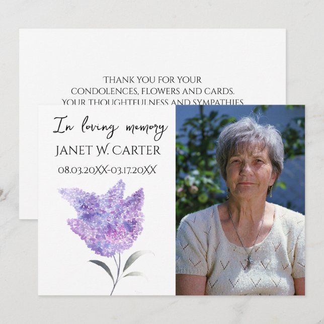 Invitation Fleurs de lilas violet en souvenir (Devant / Derrière)