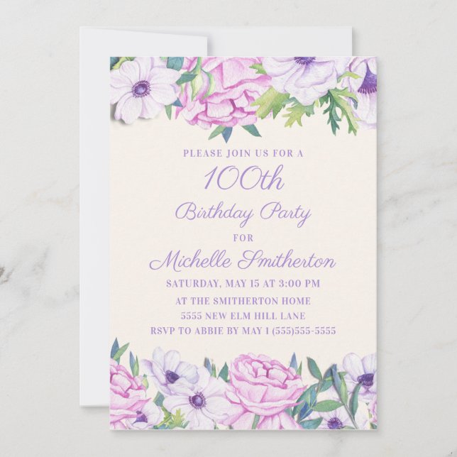 Invitation Fleurs de lilas violettes Fête des 100 ans (Devant)