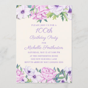 Invitation Fleurs de lilas violettes Fête des 100 ans