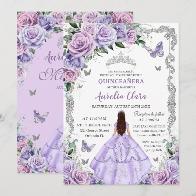 Invitation Fleurs de lilas violettes Papillon Princesse Quinc (Devant / Derrière)