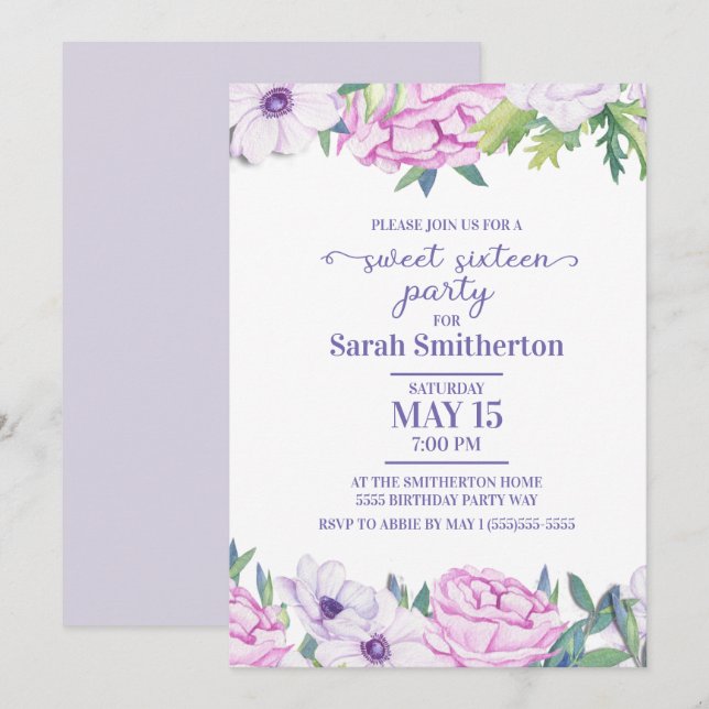 Invitation Fleurs de lilas violettes pour une fête d'annivers (Devant / Derrière)