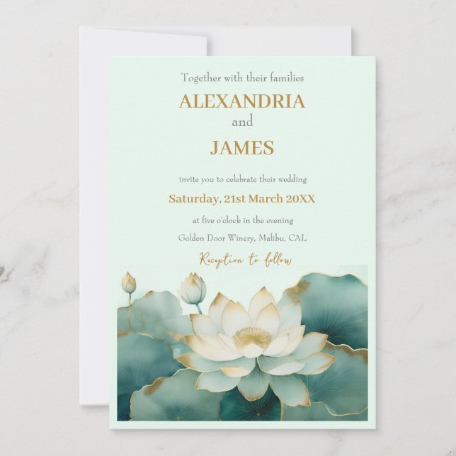 Invitation Fleurs de lotus de mariage avec des bords dorés  (Devant)