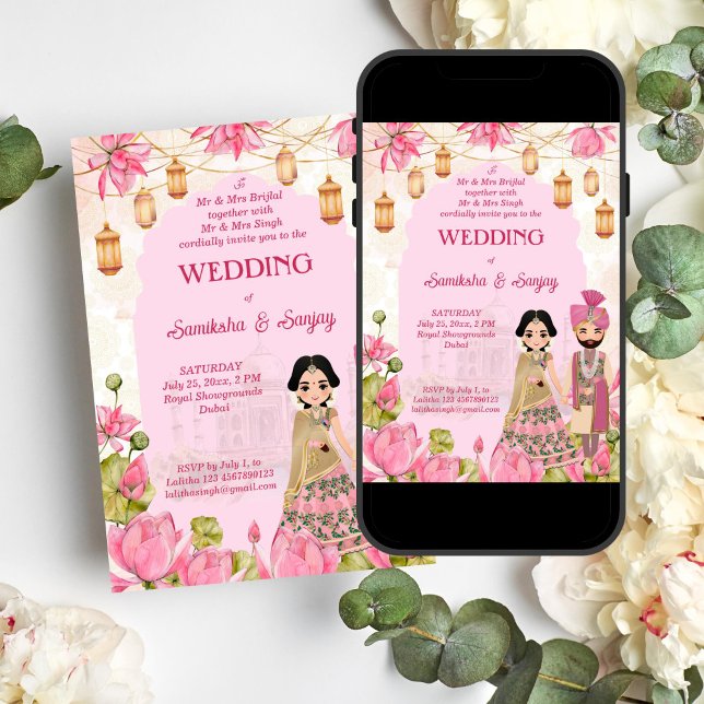 Invitation Fleurs de Lotus rose lanterne mariage indien (Pink Lotus flowers garlands lantern Indian wedding editable template Invitation digital download)