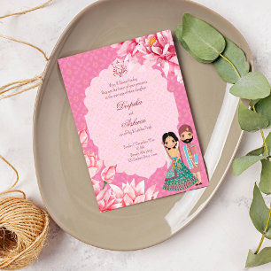 Invitation Fleurs de lotus roses avec un mignon couple de mar