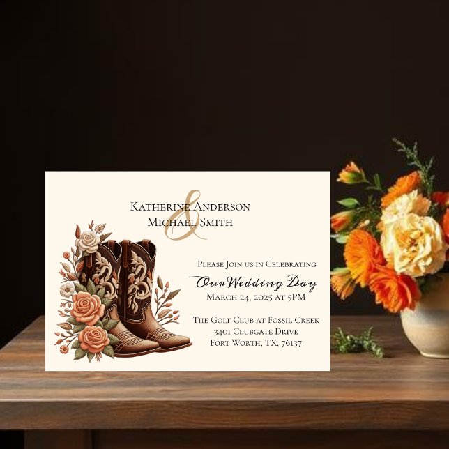 Invitation Fleurs de l'Ouest du pays avec bottes de cowboy (Country Western Flowers with Cowboy Boots Invitation)