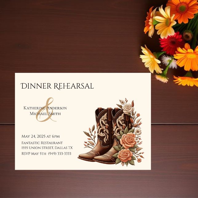 Invitation Fleurs de l'Ouest du pays avec bottes de cowboy (Country Western-Flowers with Cowboy Boots-Wedding Dinner Rehearsal)