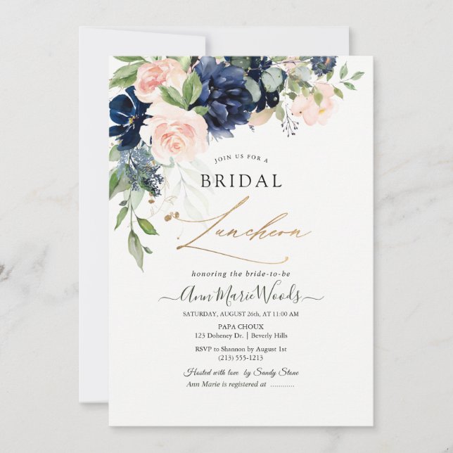 Invitation Fleurs de luncheon de mariage bleu marine blush aq (Devant)
