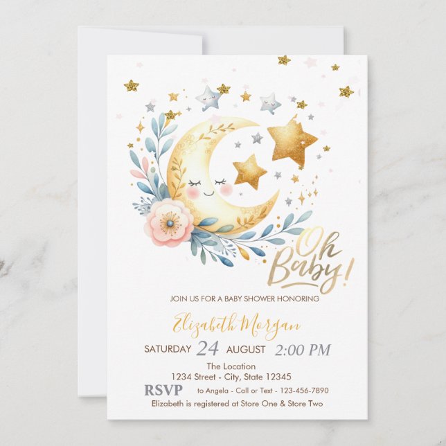 Invitation Fleurs de Lune Étoiles Baby Shower (Devant)