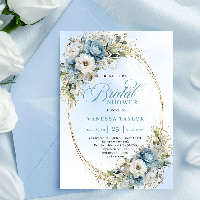 Invitation Fleurs de luxe bleu poussiéreux cadre doré douche  (Luxe Dusty Blue Flowers Gold Frame Bridal Shower Invite)