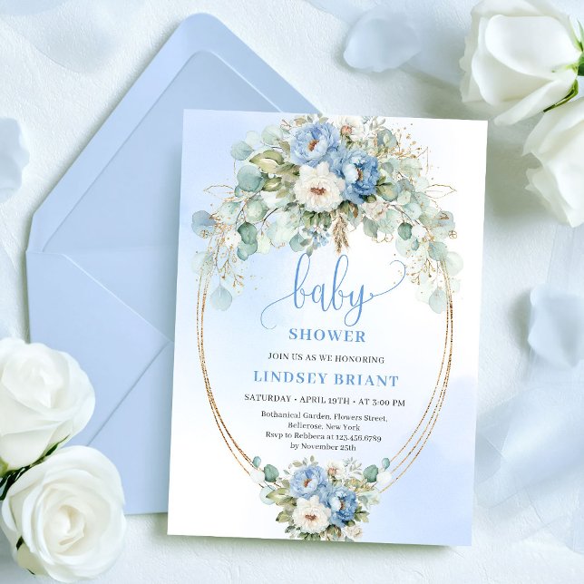 Invitation Fleurs de luxe bleu poussiéreux Eucalyptus Or Bébé (Luxury Dusty Blue Flowers Eucalyptus Gold Baby Shower)