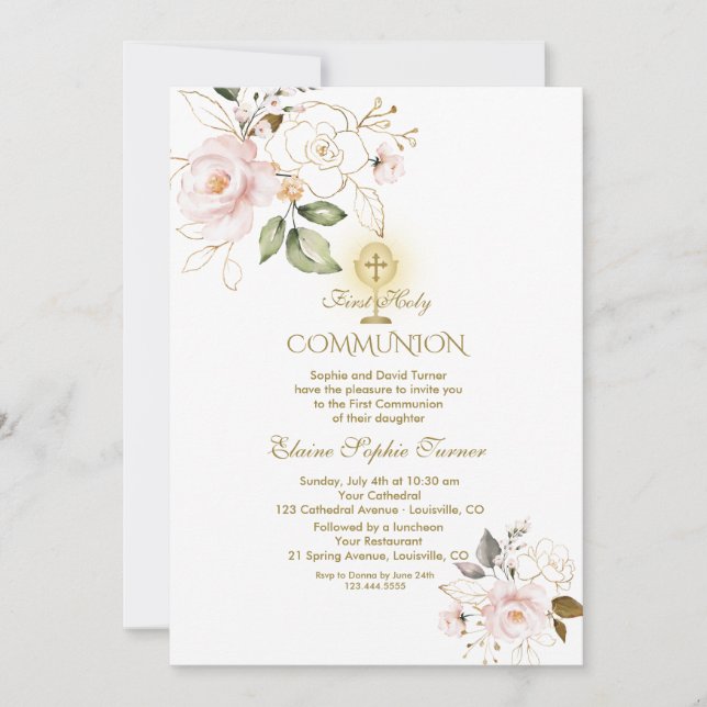 Invitation Fleurs de luxe en or Blush Première Communion sain (Devant)