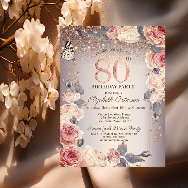 Invitation Fleurs de Luxe, Papillon, Lumières 80e Anniversair (Créateur téléchargé)