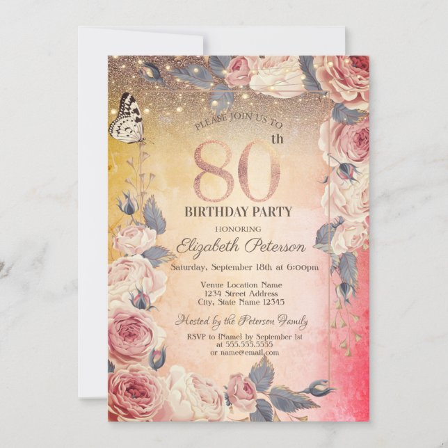 Invitation Fleurs de Luxe, Papillon, Lumières Ombrées 80e Ann (Devant)