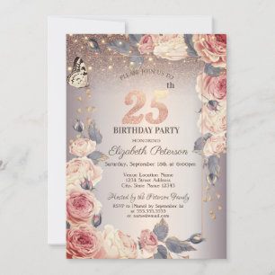 Invitation Fleurs de Luxe, Papillon, Lumières pour 25e Annive