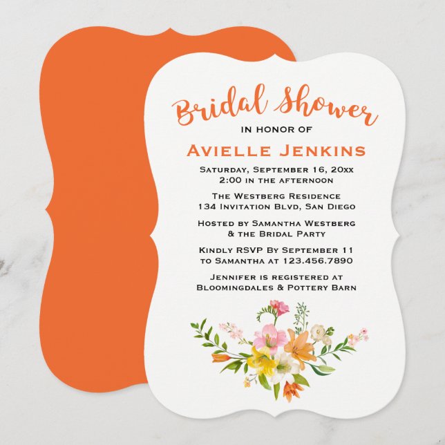 Invitation Fleurs de lys de douche de mariage orange (Devant / Derrière)