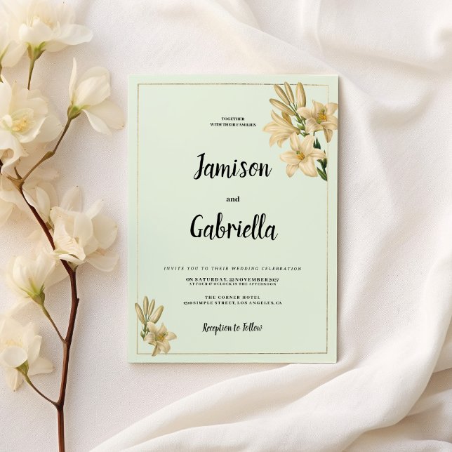 Invitation Fleurs de lys or ivoire vert menthe mariage  (Gold ivory mint green white lily flower Wedding )