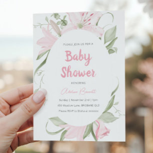 Invitation Fleurs de lys roses Feuilles vertes Baby Shower