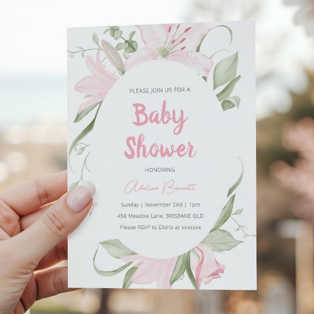 Invitation Fleurs de lys roses Feuilles vertes Baby Shower (Créateur téléchargé)