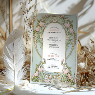 Invitation Fleurs de lys roses Mariage Art Nouveau Printemps