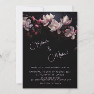 Invitation Fleurs de magnolia romantiques sombres et lunaires