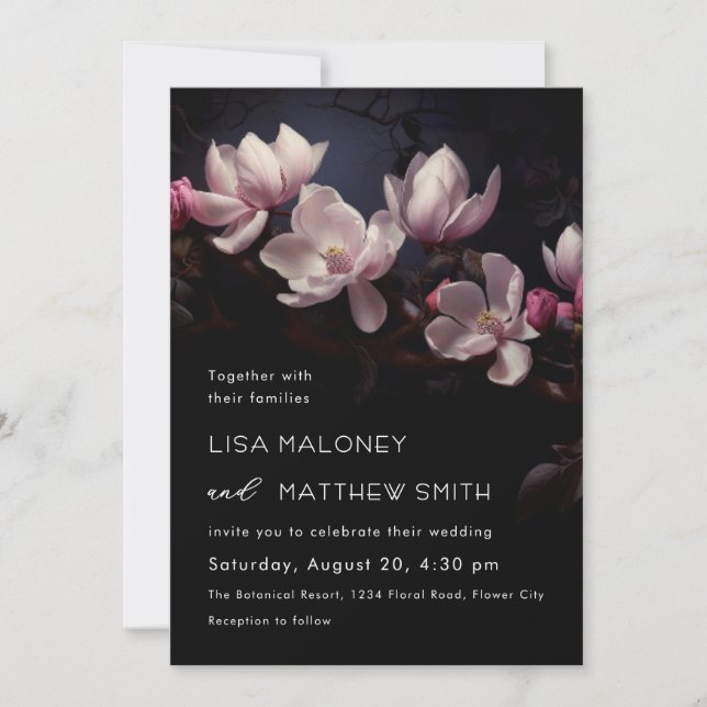 Invitation Fleurs de Magnolia Romantiques Sombres et Maussade (Devant)