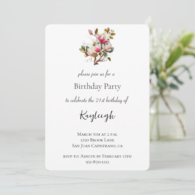 Invitation Fleurs de Magnolia rose Anniversaire (Debout devant)
