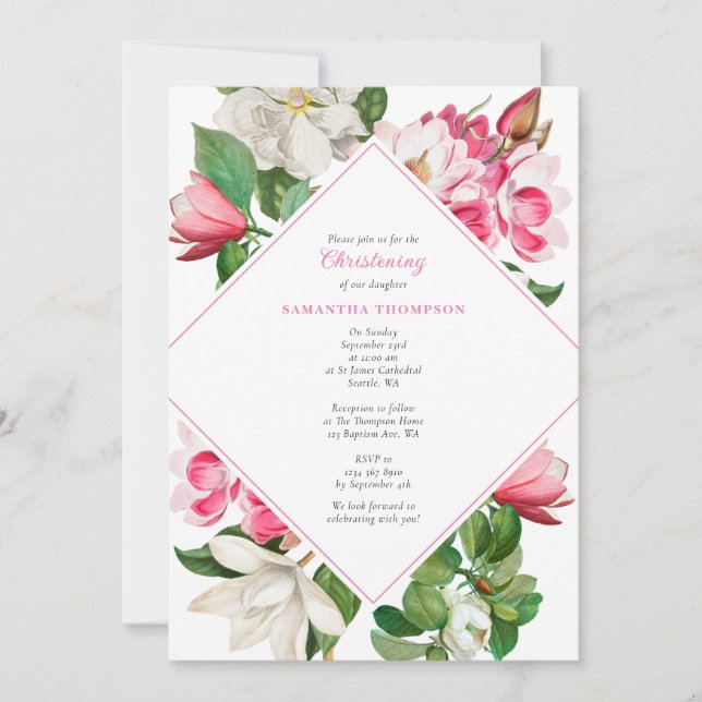 Invitation Fleurs de Magnolia rose blanche Baptême Christenin (Devant)