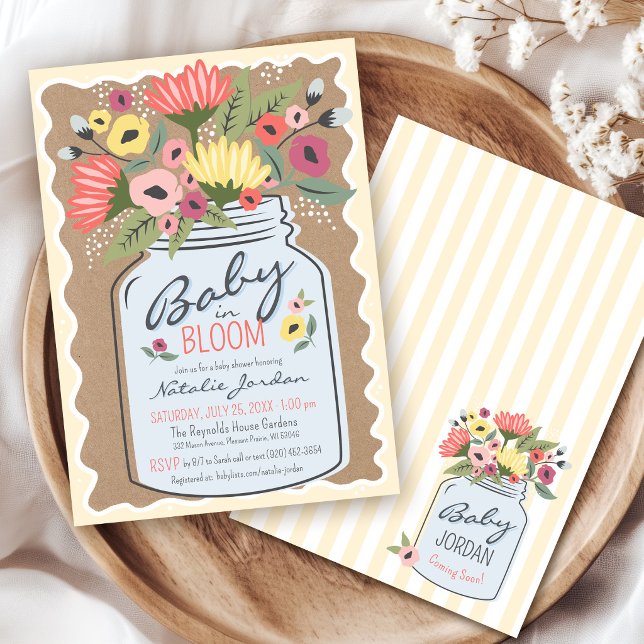 Invitation Fleurs de Marché des Producteurs Bébé en Fleur Dou (Baby in Bloom mason jar flowers farmers market rustic kraft yellow floral baby shower invitation)