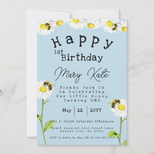 Invitation Fleurs de marguerite 1er anniversaire abeille à mi