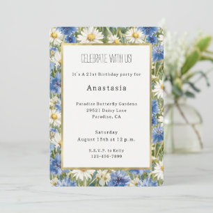 Invitation Fleurs de marguerite bleues blanches Anniversaire