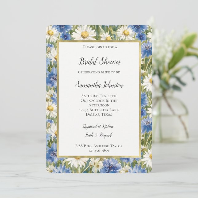 Invitation Fleurs de marguerite bleues et blanches Shower de  (Debout devant)