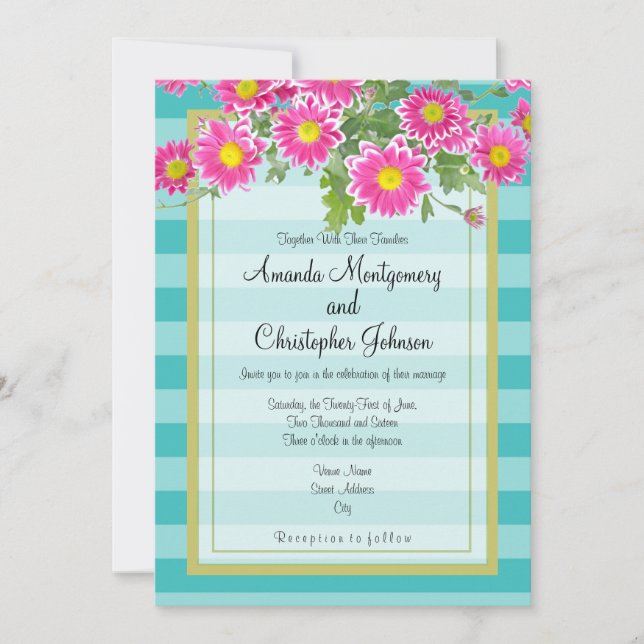 Invitation Fleurs de marguerite rose sur Mariage de rayures t (Devant)