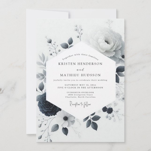 Invitation Fleurs de mariage à l'aquarelle au charbon de bois (Devant)