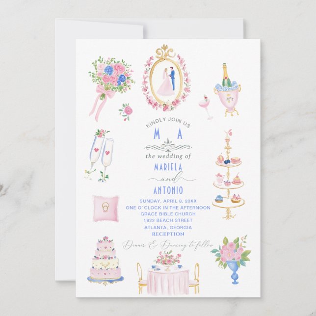 Invitation Fleurs de mariage à l'aquarelle baroque élégante v (Devant)