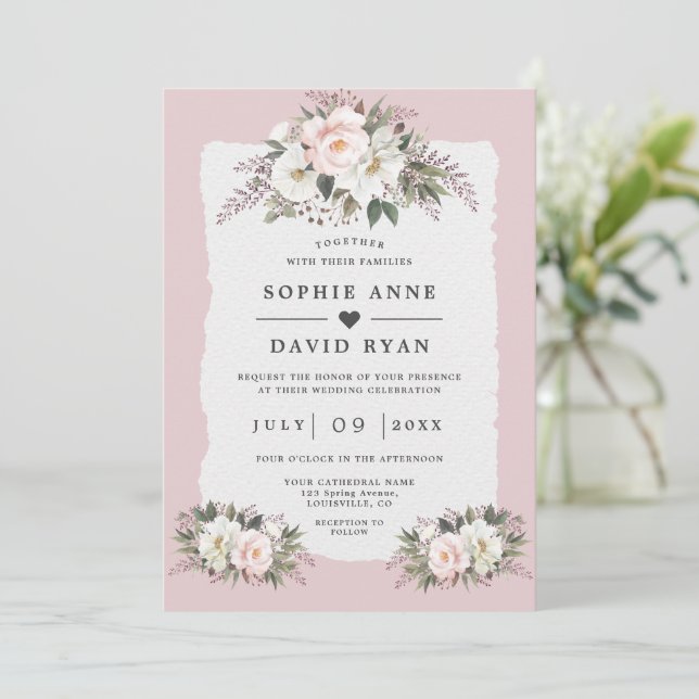 Invitation Fleurs de mariage à l'aquarelle blanc rosé  (Debout devant)