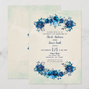 Invitation Fleurs de mariage à l'aquarelle bleu indigo et bei