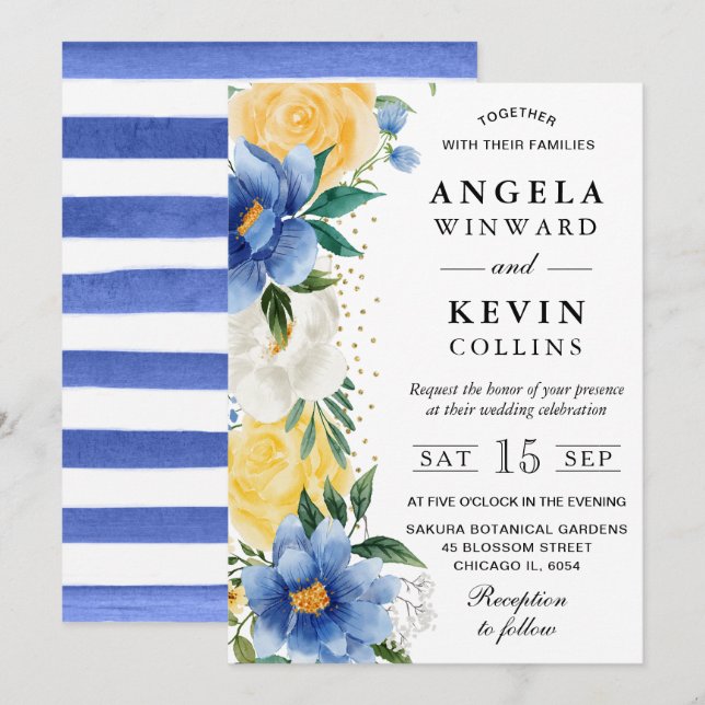 Invitation Fleurs de mariage à l'aquarelle bleue et jaune (Devant / Derrière)