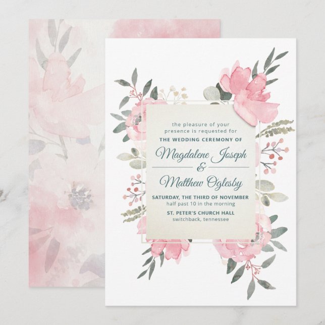 Invitation Fleurs de mariage à l'aquarelle en écriture floral (Devant / Derrière)