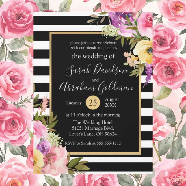Invitation Fleurs de mariage à rayures noires et blanches Ros (Créateur téléchargé)