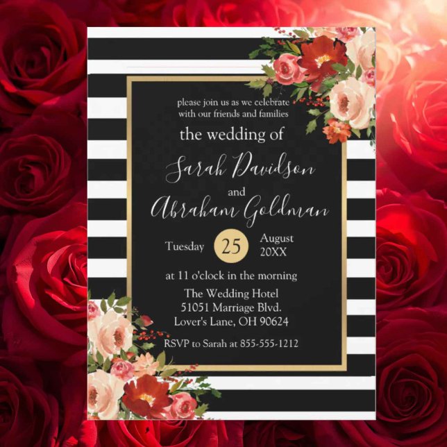 Invitation Fleurs de mariage à rayures noires et blanches Ros (Créateur téléchargé)