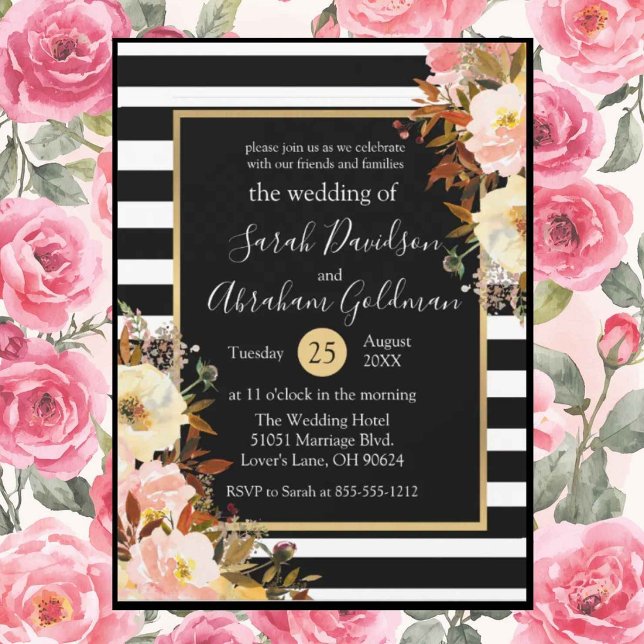 Invitation Fleurs de mariage à rayures noires et blanches Ros (Créateur téléchargé)