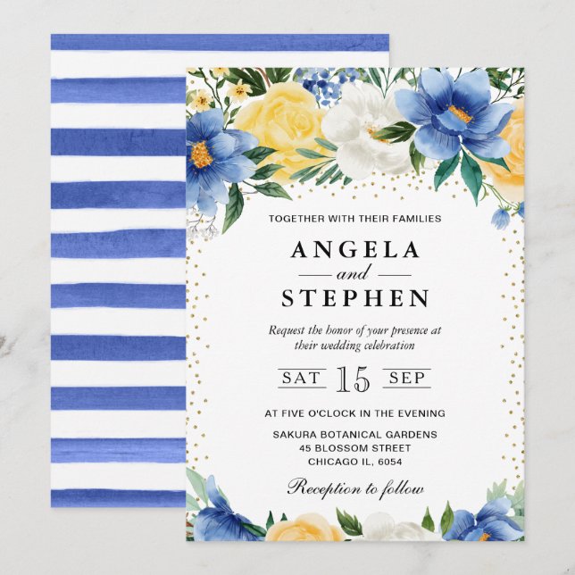 Invitation Fleurs de mariage aquarelle bleue et jaune (Devant / Derrière)